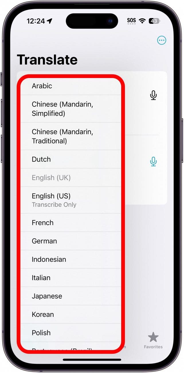 iPhone-Übersetzungs-App mit einem roten Kästchen um die Liste der Sprachen