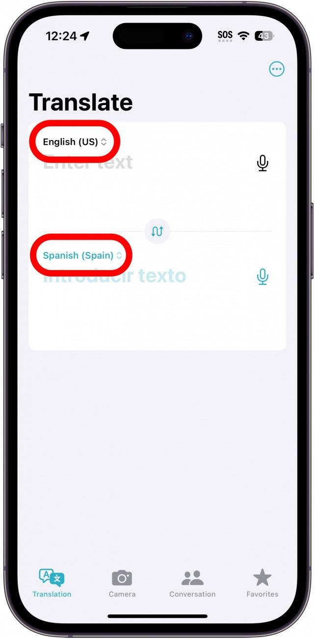 iPhone-Übersetzungs-App mit einem roten Kreis um die Sprachoptionen Englisch und Spanisch