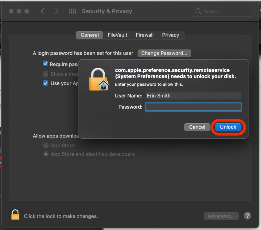 Geben Sie Ihr Mac-Passwort ein und klicken Sie auf „Entsperren“.