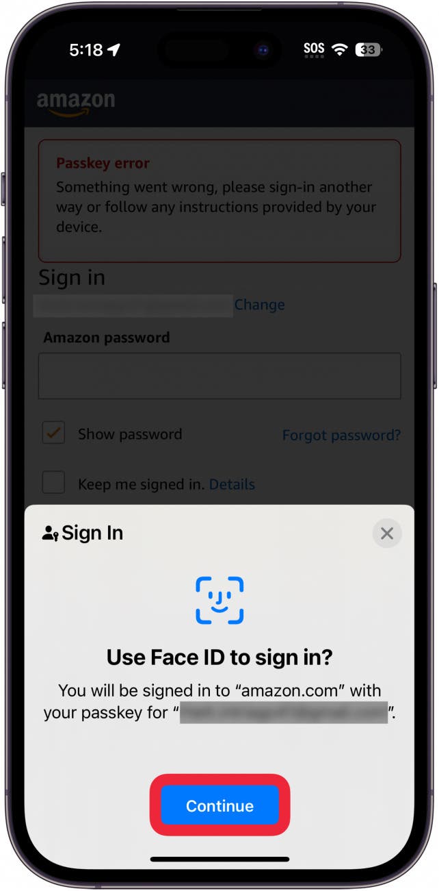 Beim Anmelden mit dem iPhone-Passwort wird ein Popup mit der rot eingekreisten Schaltfläche „Weiter“ angezeigt