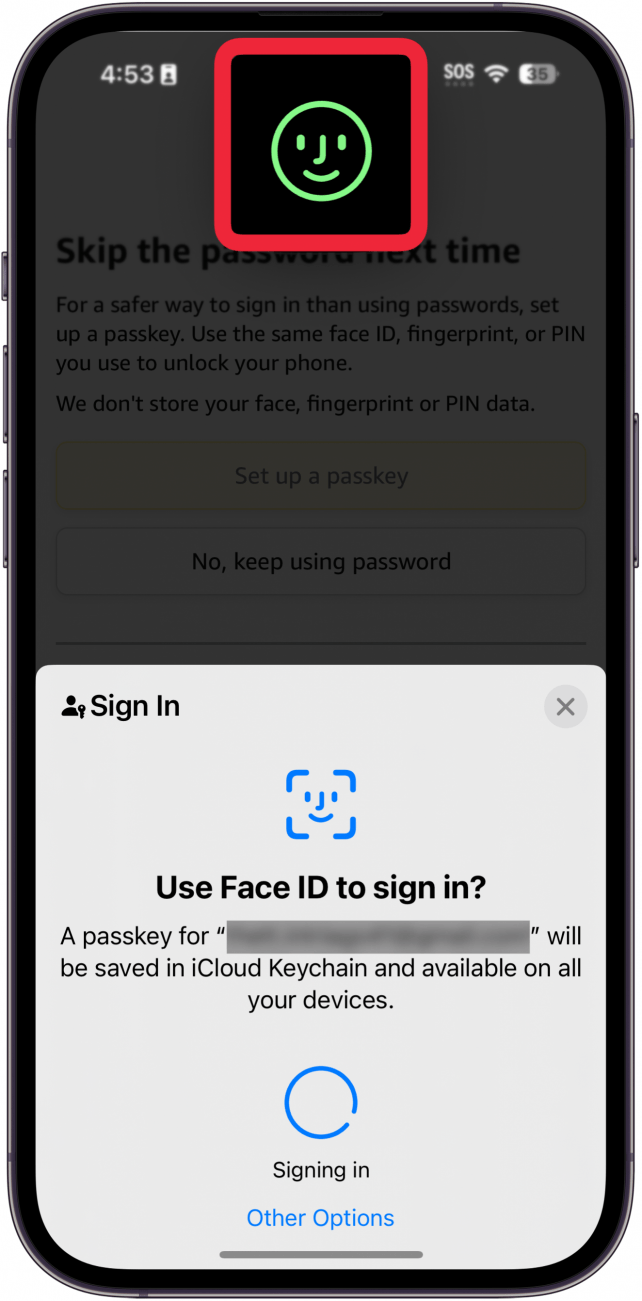 Popup-Fenster zum Einrichten des iPhone-Passschlüssels mit rot eingekreistem Gesichts-ID-Fenster