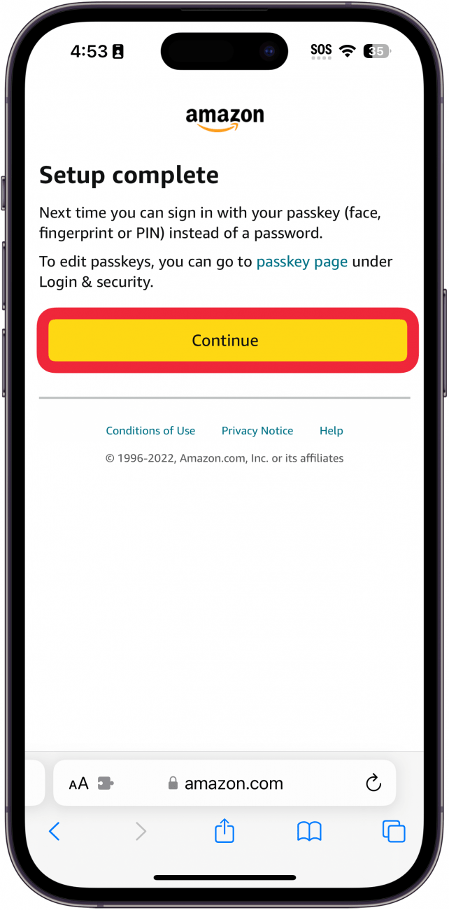 Safari Amazon Passkey-Setup-Bildschirm mit der Aufschrift: 