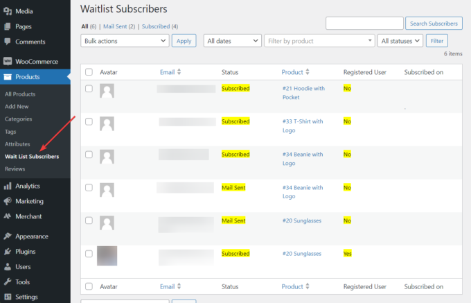 Liste der Wartelisten-Abonnenten im WordPress-Administrationsbereich