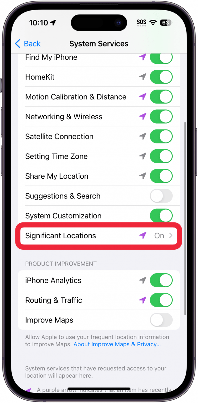 Standorteinstellungen der iPhone-Systemdienste mit einem roten Kästchen um wichtige Standorte