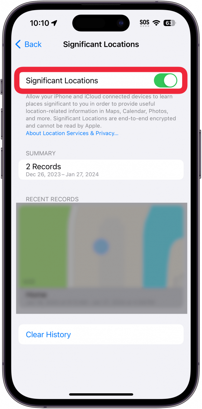 iPhone-Einstellungen für wichtige Standorte mit einem roten Kästchen um wichtige Standorte umschalten