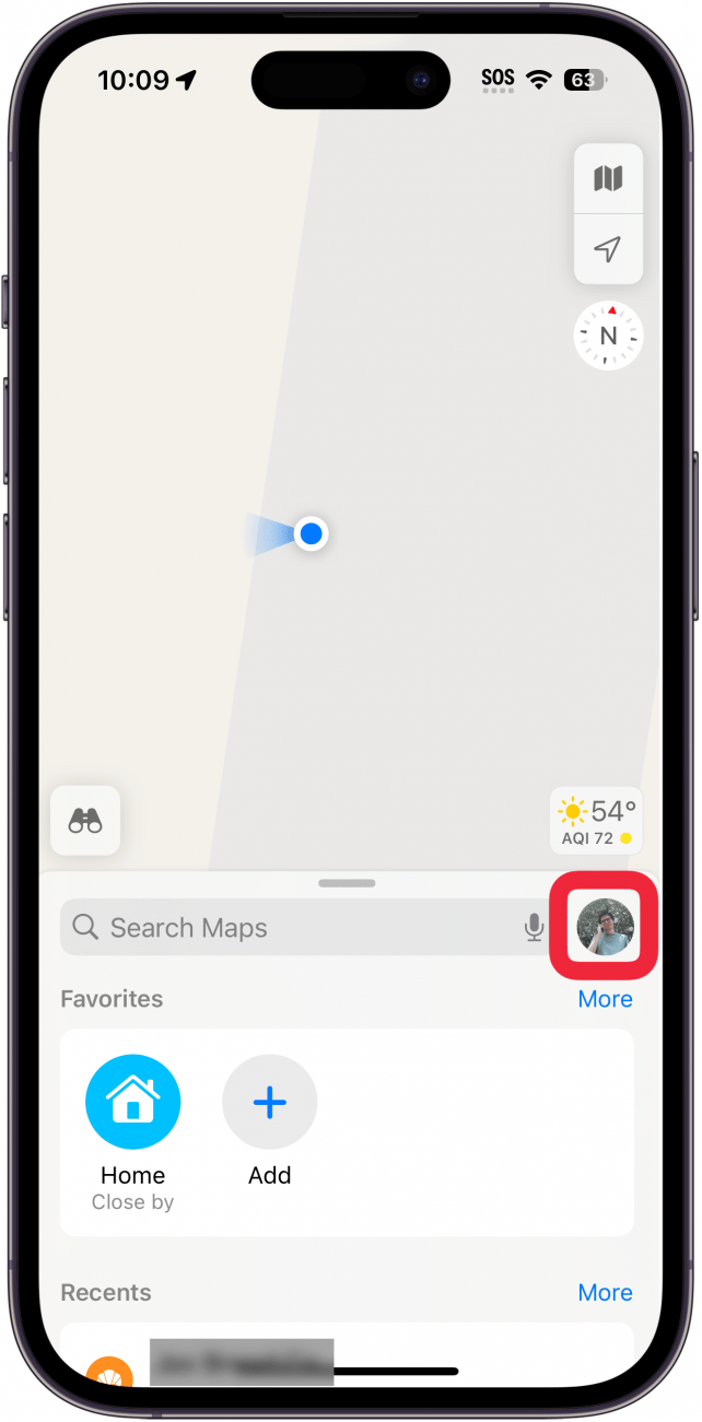 iPhone-Karten-App mit einem roten Rahmen um das Profilsymbol