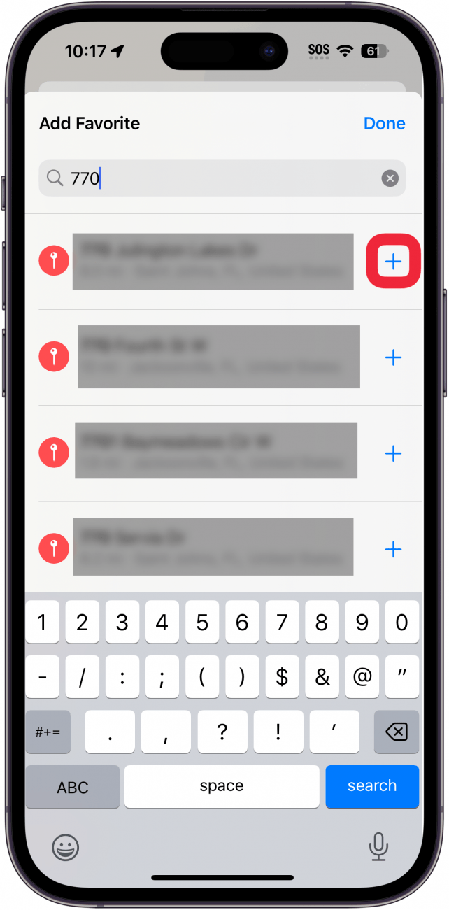 iPhone-Karten fügen Favoriten mit einem roten Kästchen um das Plus-Symbol hinzu