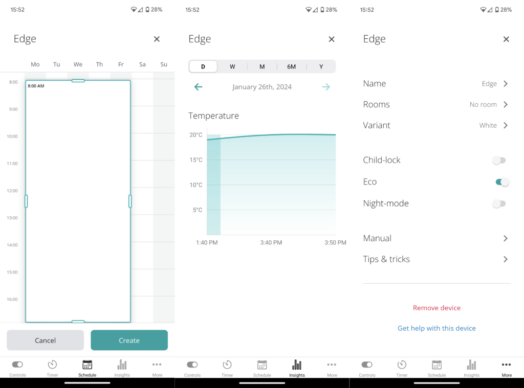 Android-Screenshots mit Programmierung, Temperaturverlauf und zusätzlichen Einstellungen