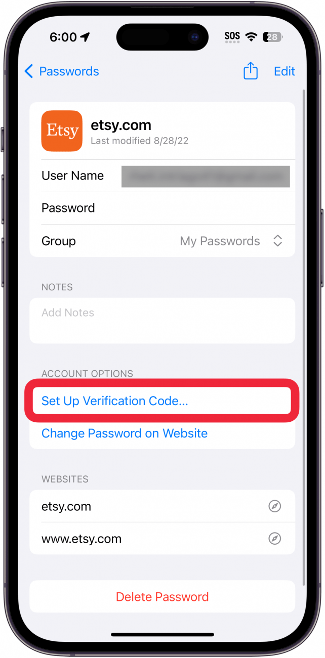 iPhone-Passwortbildschirm mit Etsy-Kontoinformationen und rot eingekreister Schaltfläche zum Einrichten des Bestätigungscodes
