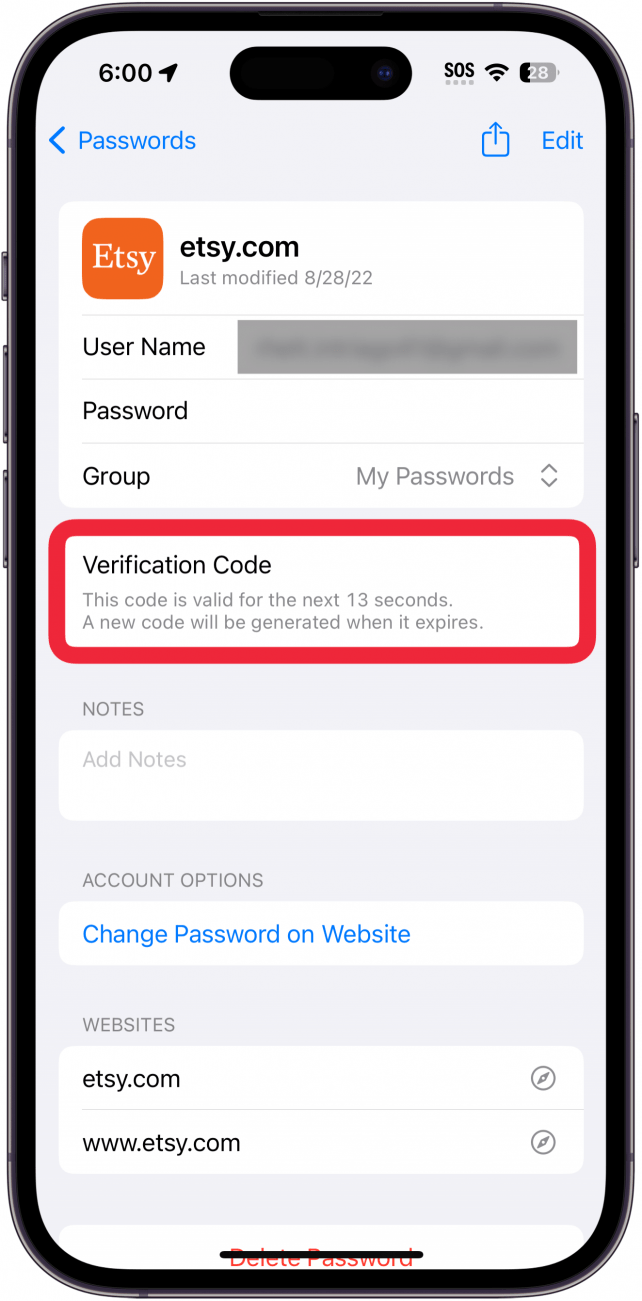 iPhone-Passwortbildschirm mit Etsy-Kontoinformationen und einem roten Kästchen um den Bestätigungscode