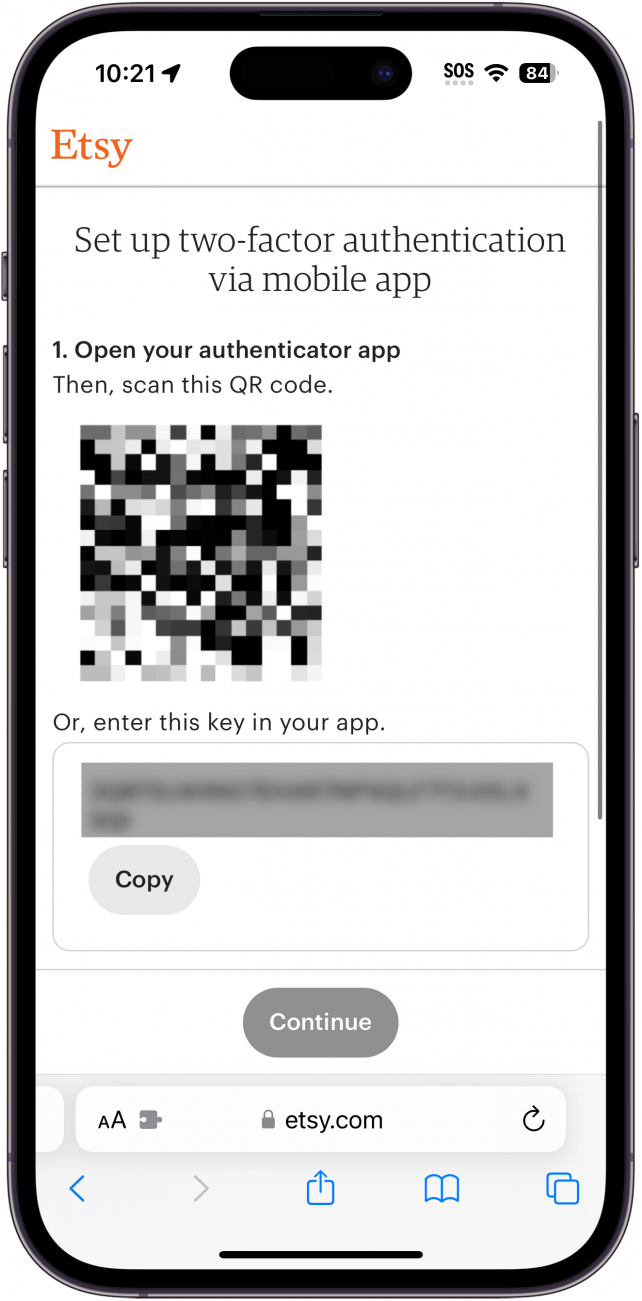 iPhone-Safari mit der Einrichtung der Etsy-Multi-Faktor-Authentifizierung mit einem QR-Code und einem Einrichtungsschlüssel