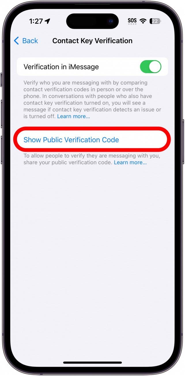 Kontaktschlüssel-Überprüfungseinstellungen mit rot eingekreistem öffentlichen Identifikationscode anzeigen