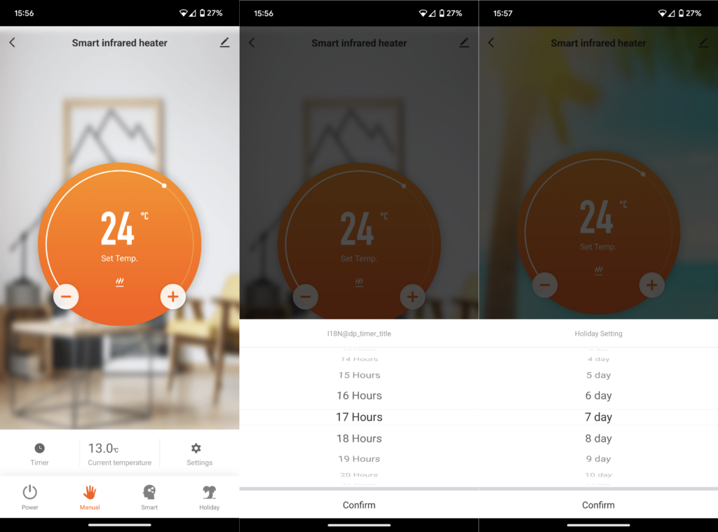 Android-Screenshots, die den Komfortmodus, den Ausschalttimer und die Urlaubseinstellung zeigen