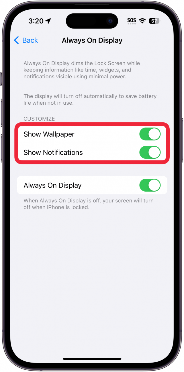 Das iPhone ist immer in den Anzeigeeinstellungen mit einem roten Kästchen um „Hintergrund anzeigen“ und „Benachrichtigungen anzeigen“ umschaltbar
