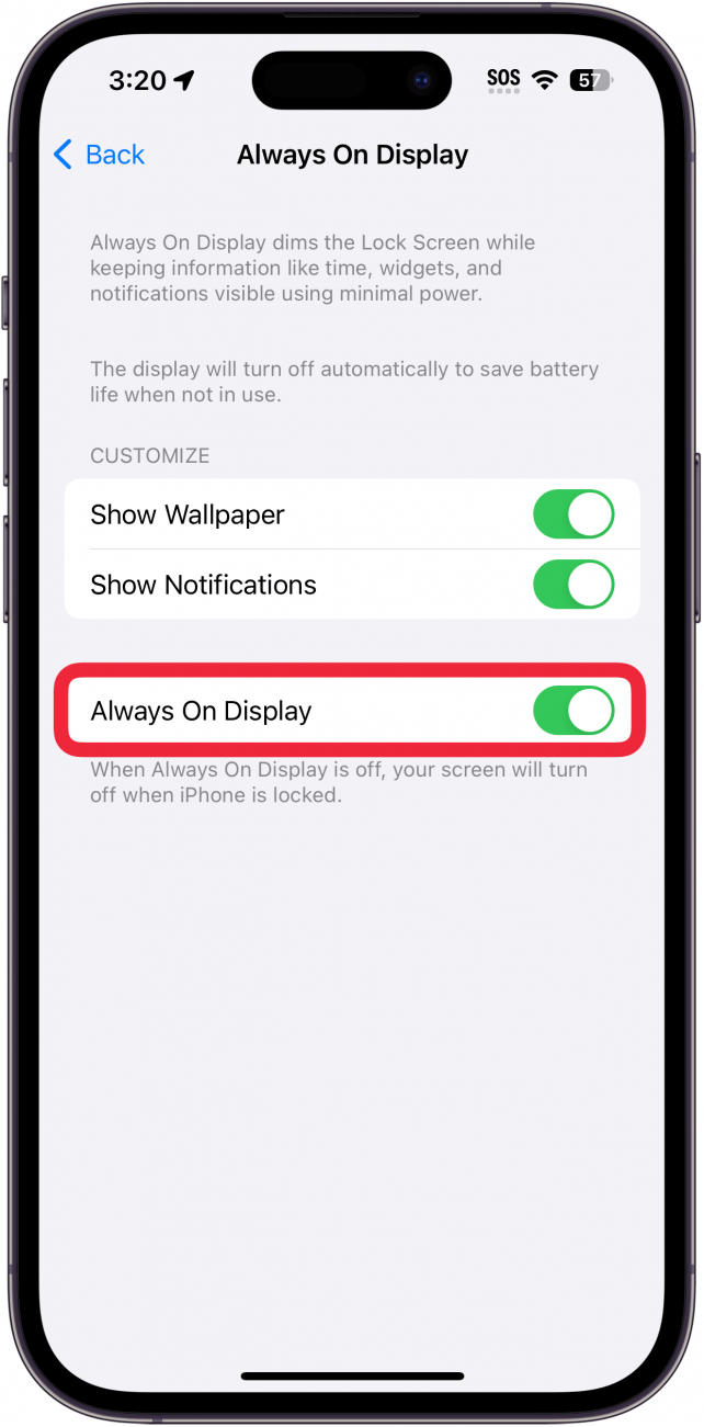 iPhone-Einstellungen „Immer auf dem Display“ mit einem roten Kästchen um die Option „Immer auf dem Display“ umschalten