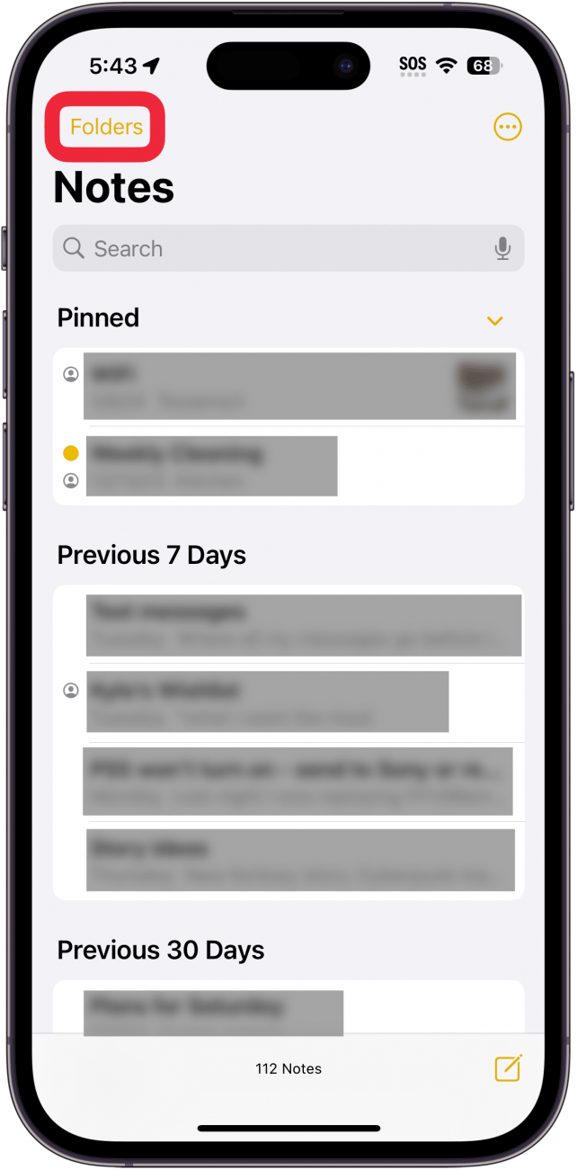 iPhone-Notizen-App mit rot eingekreister Ordnerschaltfläche