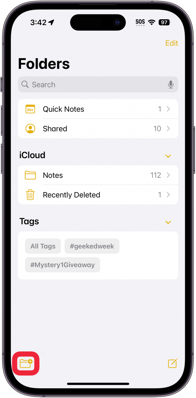 iPhone-Notizen-App mit einem roten Kästchen um das neue Ordnersymbol
