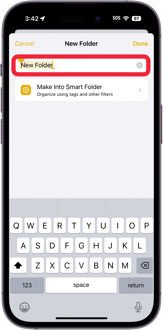 iPhone-Notizen-Bildschirm „Neuer Ordner“ mit einem roten Kästchen um das Namensfeld
