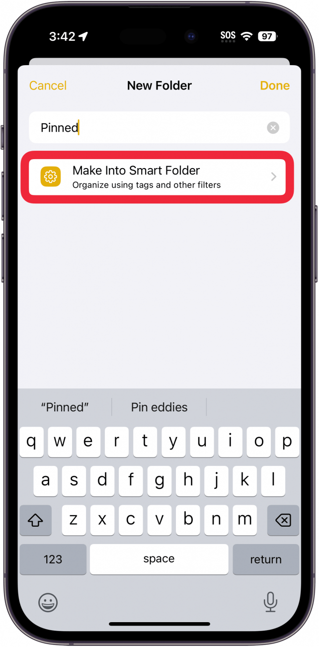 iPhone-Notizen-Bildschirm „Neuer Ordner“ mit einem roten Kästchen um die Schaltfläche „In intelligenten Ordner erstellen“. 