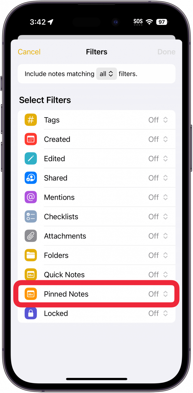 Anpassung des intelligenten Ordnerfilters für iPhone-Notizen mit einem roten Kästchen um den Filter für angeheftete Notizen