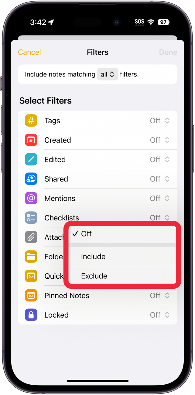 Anpassung des intelligenten Ordnerfilters für iPhone-Notizen mit einem roten Kästchen um die Optionen für angeheftete Notizen zum Einschließen, Ausschließen und Ausschalten