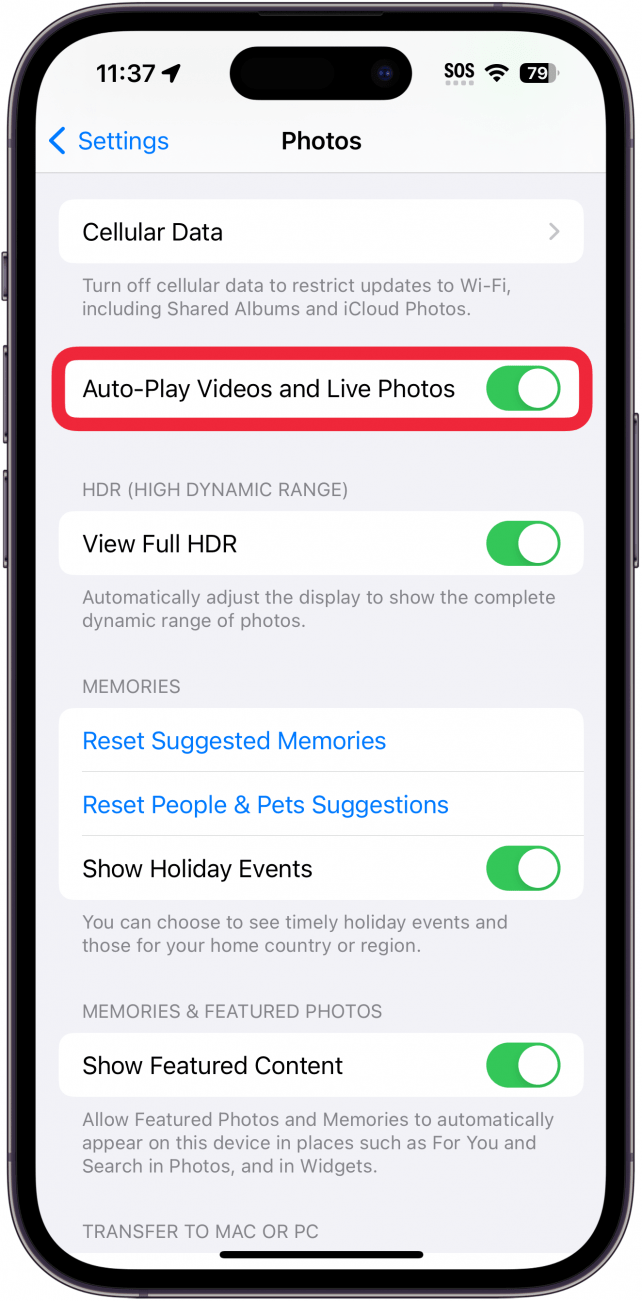 iPhone-Fotoeinstellungen mit einem roten Kästchen um den Schalter „Automatische Wiedergabe von Videos“ und „Live-Fotos“.