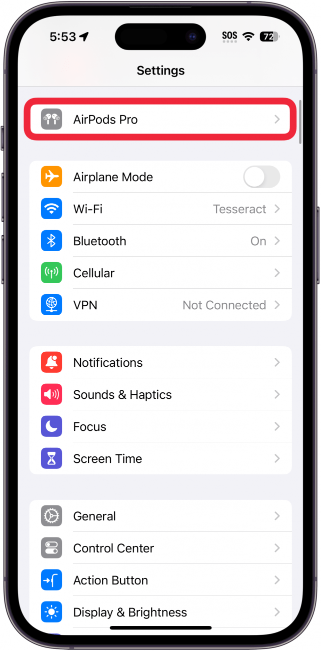 iPhone-Einstellungen-App mit einem roten Kästchen um Airpods