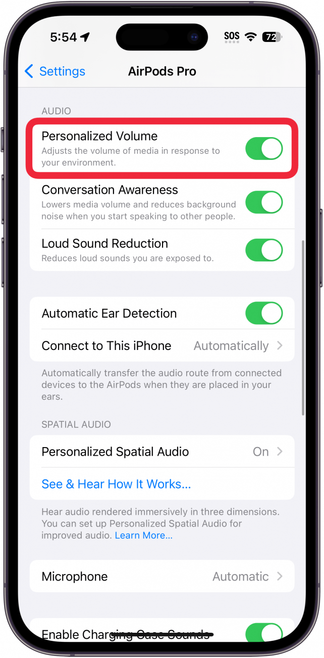 Einstellungsbildschirm für iPhone Airpods mit einem roten Kästchen um den personalisierten Lautstärkeregler