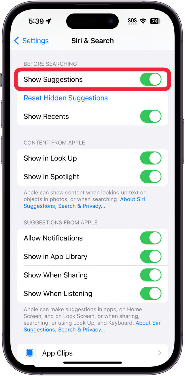 iPhone Siri und Sucheinstellungen mit einem roten Kästchen umschalten vor der Suche