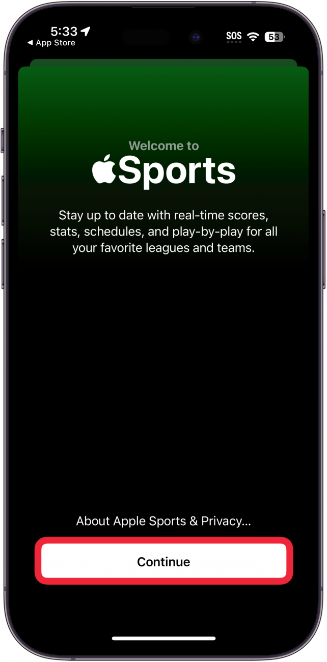 iPhone-Sport-App mit einem roten Kästchen um die Weiter-Schaltfläche