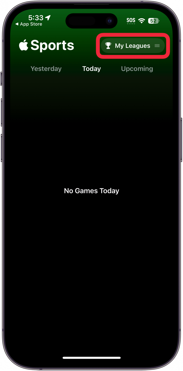 iPhone-Sport-App mit einem roten Kästchen um die Schaltfläche „Meine Ligen“.