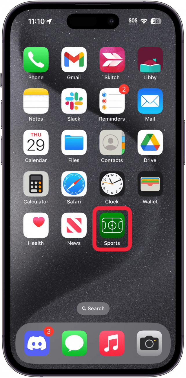 iPhone-Startbildschirm mit einem roten Kästchen um die Sport-App