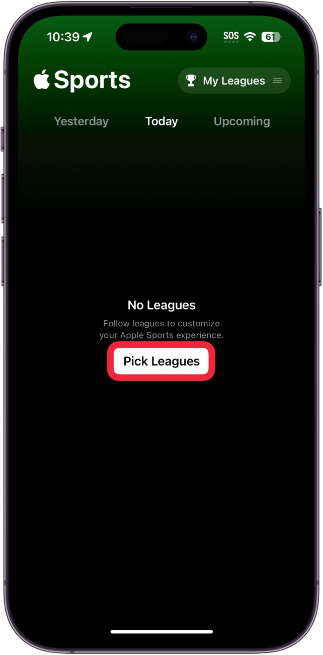 iPhone-Sport-App mit einem roten Kästchen um die Schaltfläche „Ligen auswählen“.