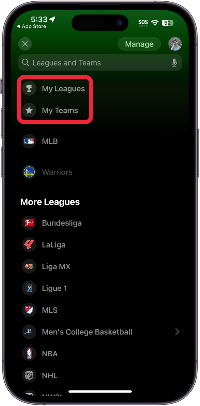 iPhone-Sport-App, die Ligen und Teams mit einem roten Kästchen um die Schaltfläche „Meine Ligen“ und „Meine Teams“ anzeigt