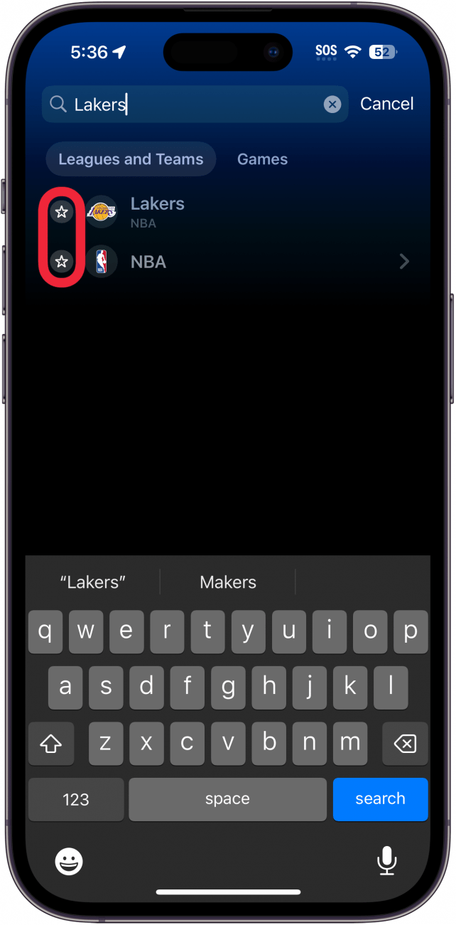 iPhone-Sport-App, die Suchergebnisse mit einem roten Kästchen um Sternsymbole anzeigt