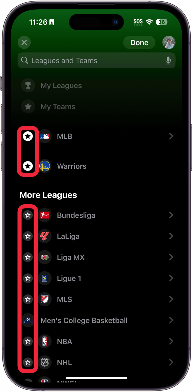 iPhone-Sport-App, die Ligen und Teams mit einem roten Kästchen um Sternsymbole anzeigt