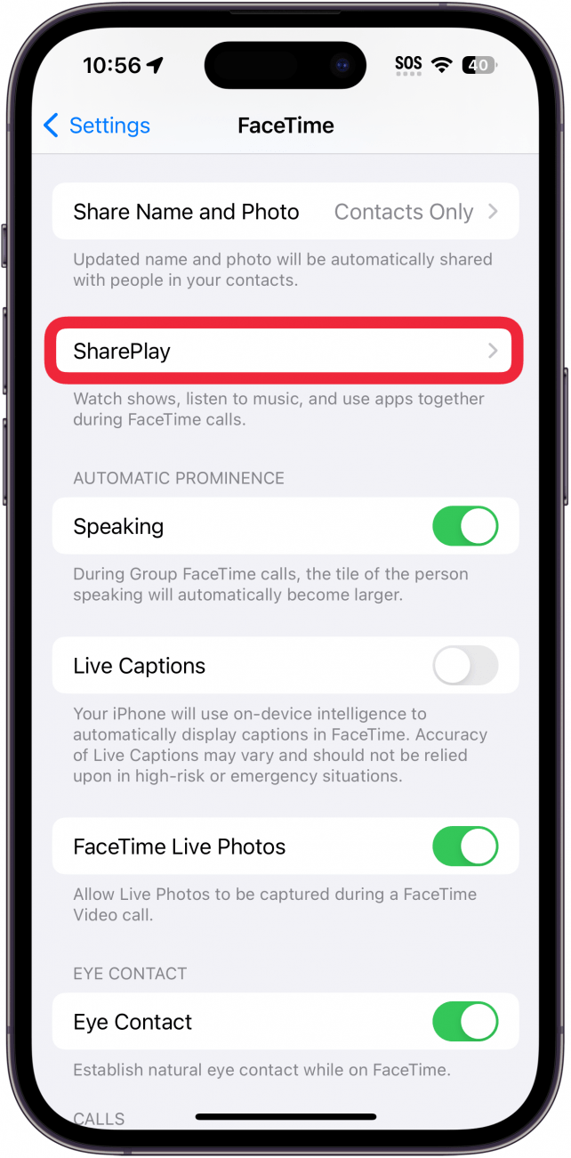 iPhone-Facetime-Einstellungen mit einem roten Kästchen um Shareplay
