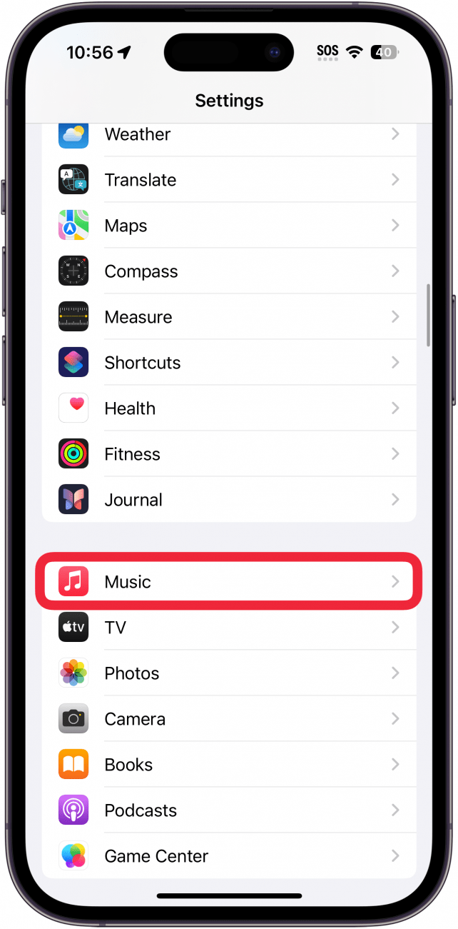 iPhone-Einstellungen mit einem roten Kästchen um Musik