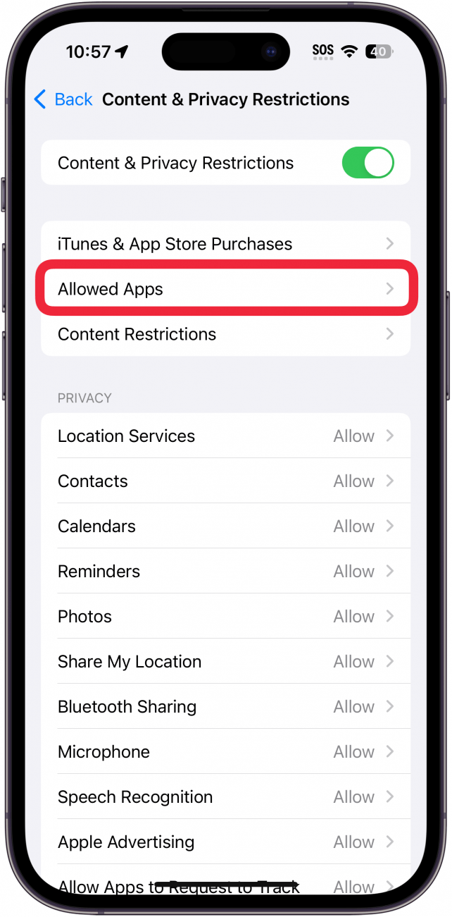 Einstellungen für iPhone-Bildschirmzeitinhalte und Datenschutzbeschränkungen mit einem roten Kästchen um erlaubte Apps