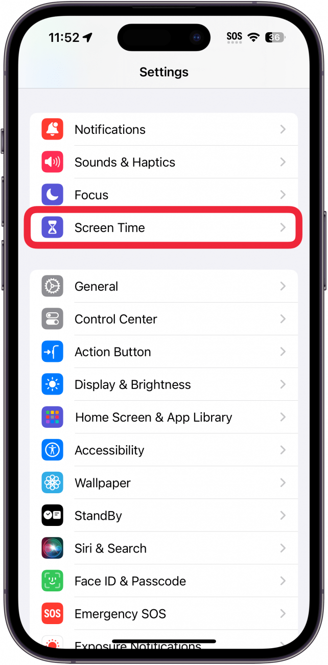 iPhone-Einstellungs-App mit einem roten Kästchen um die Bildschirmzeit herum
