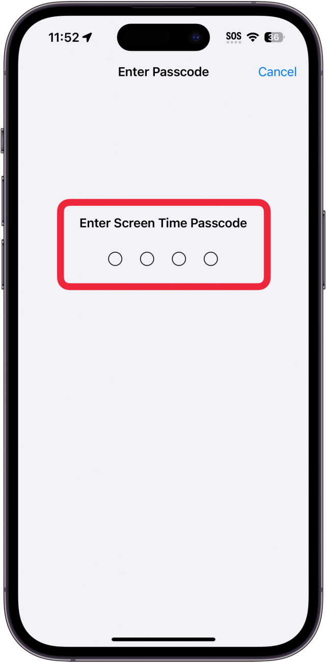 Zeitpasscode-Bildschirm des iPhone-Bildschirms mit einem roten Kästchen um das Eingabefeld
