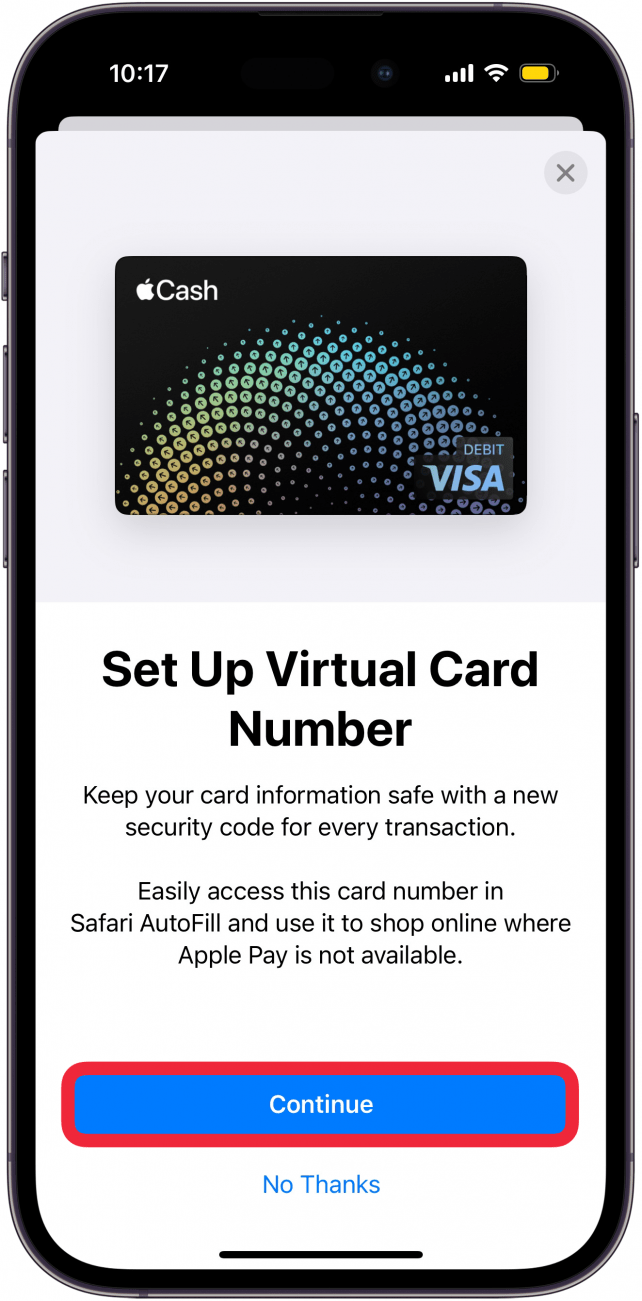 Bildschirm zur Einrichtung der virtuellen Kartennummer des iPhone Apple Wallet mit einem roten Kästchen um die Schaltfläche „Weiter“.