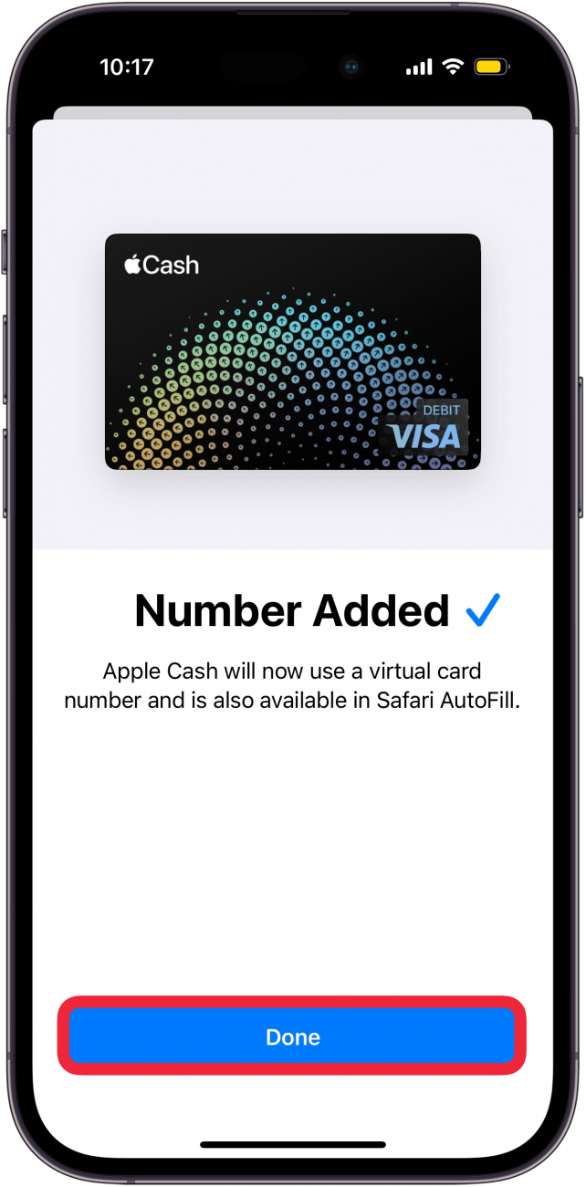 Bildschirm zur Einrichtung der virtuellen Kartennummer des iPhone Apple Wallet mit einem roten Kästchen um die Schaltfläche „Fertig“.