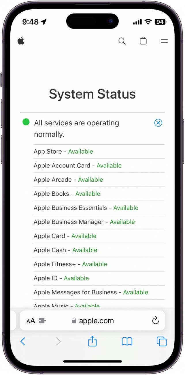 iPhone-Safari-Screenshot mit der Apple-Server-Status-Webseite
