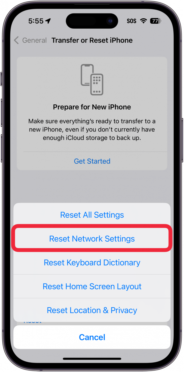 iPhone-Reset-Bildschirm mit einem roten Kästchen um die Netzwerkeinstellungen zurücksetzen