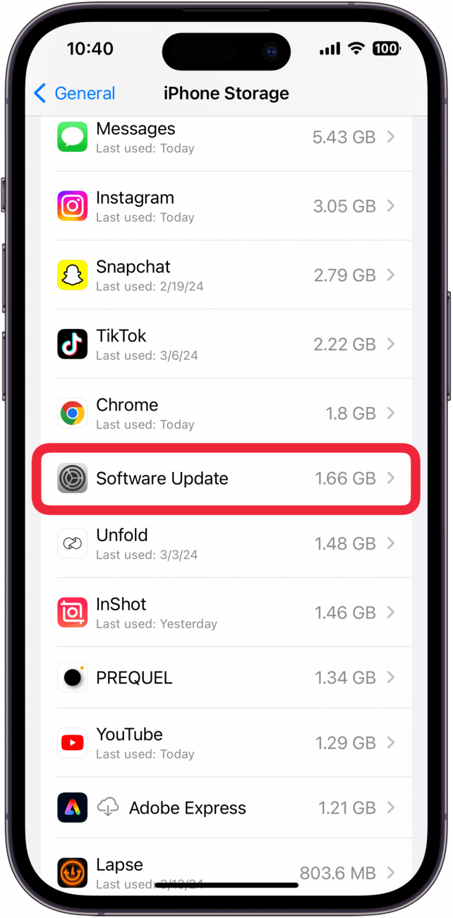 iPhone-Speichereinstellungen mit einem roten Kästchen um das Software-Update