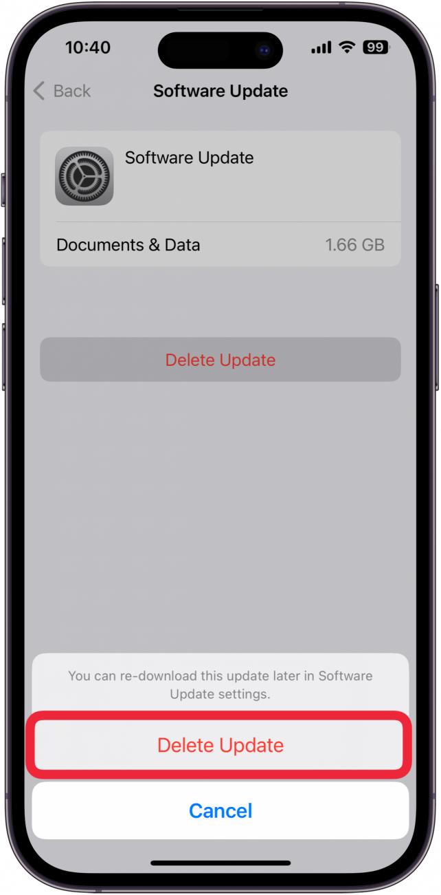 iPhone-Speicherverwaltungsbildschirm für ein Software-Update mit rot eingekreister Schaltfläche zum Löschen des Updates