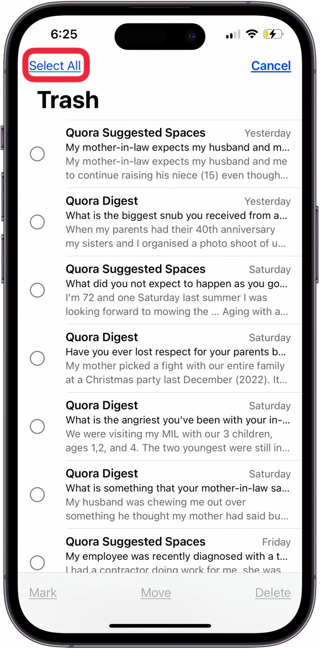 Tippen Sie auf „Alles auswählen“, um den Papierkorb in der iPhone-Mail-App zu leeren