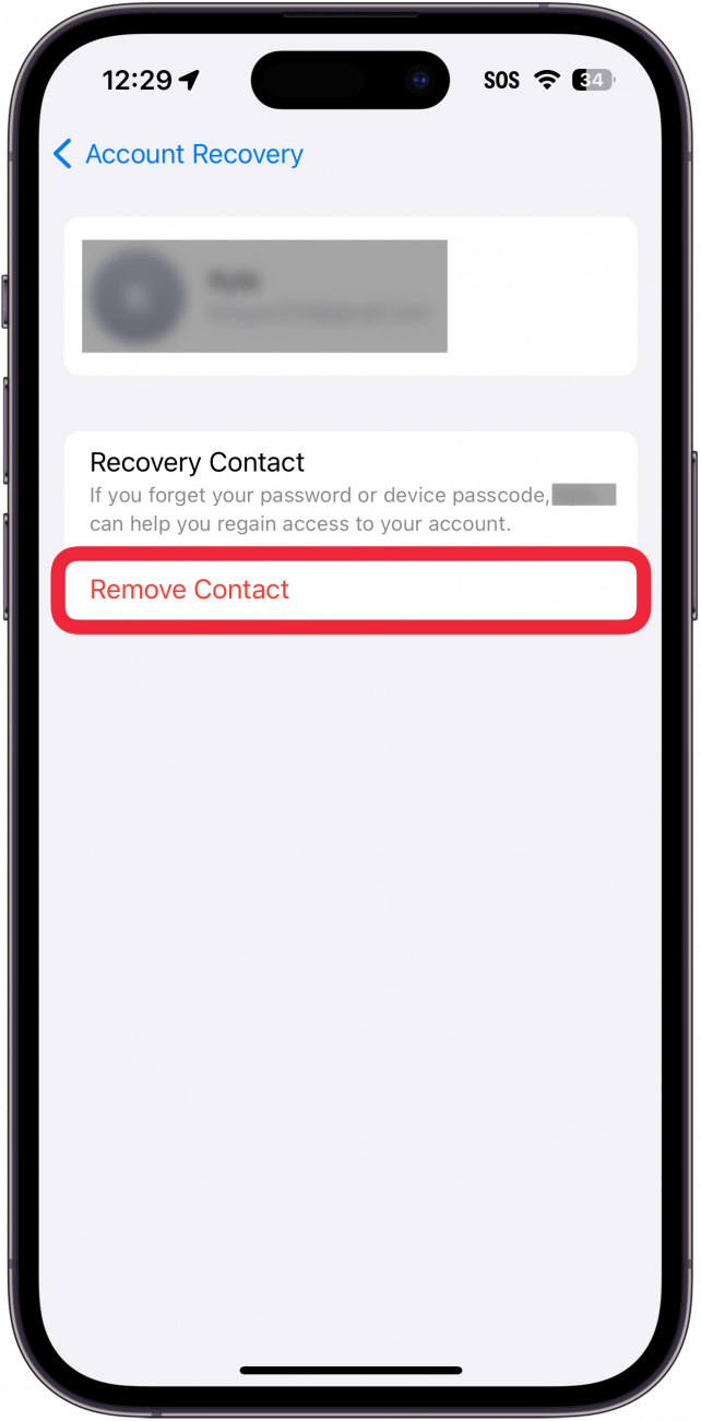 Einstellungen zur Wiederherstellung des iPhone-Apple-ID-Kontos mit einem roten Kästchen um die Schaltfläche „Kontakt entfernen“.