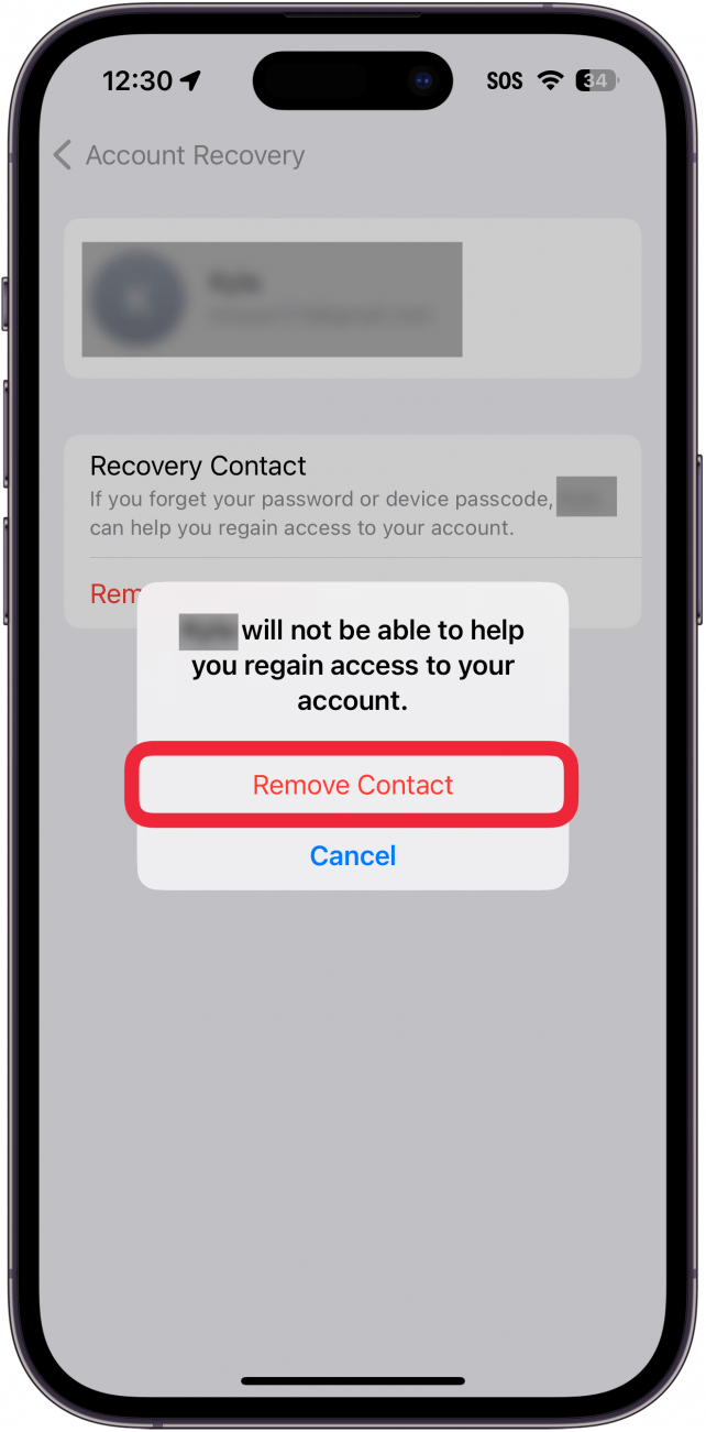 Die Einstellungen zur Wiederherstellung des iPhone-Apple-ID-Kontos zeigen ein Bestätigungsfenster mit einem roten Kästchen um die Schaltfläche „Kontakt entfernen“ an